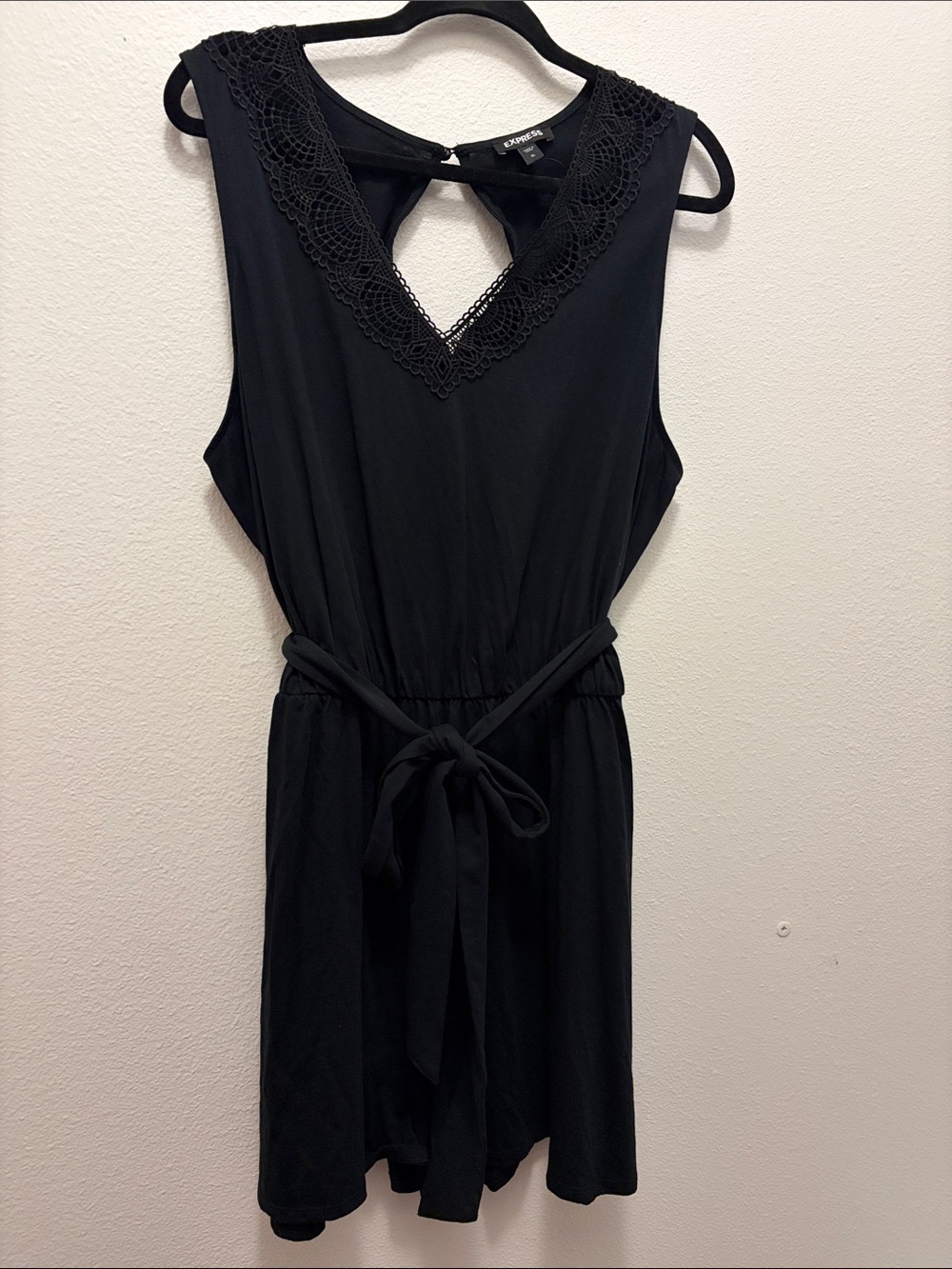 Express Black Lace-Trim V-Neck Belted Mini Dress